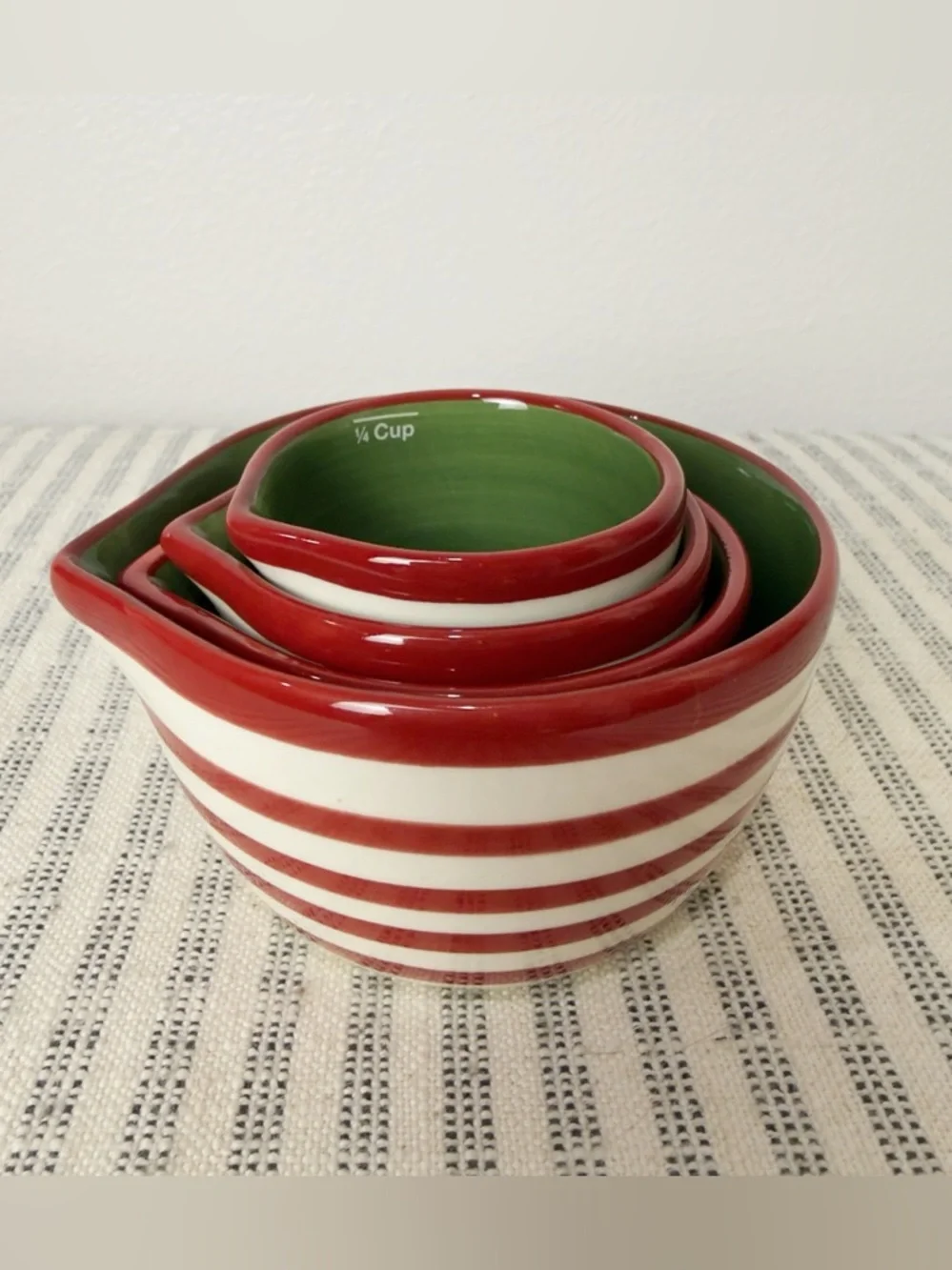 Crate&Barrel Holiday Stripe Measuring Nesting Cups Hand Painted Red Green